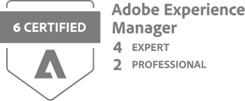 Adobe Experience Manager Badge highlighting 4 Expert and 2 Professional Certifications.