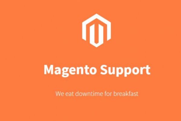 Orange background with white text that read Magento Support, We eat downtime for breakfast and the white Magento logo above.