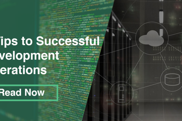 On a dark server farm background it reads 5 Tips to Successful Development Operations Read Now