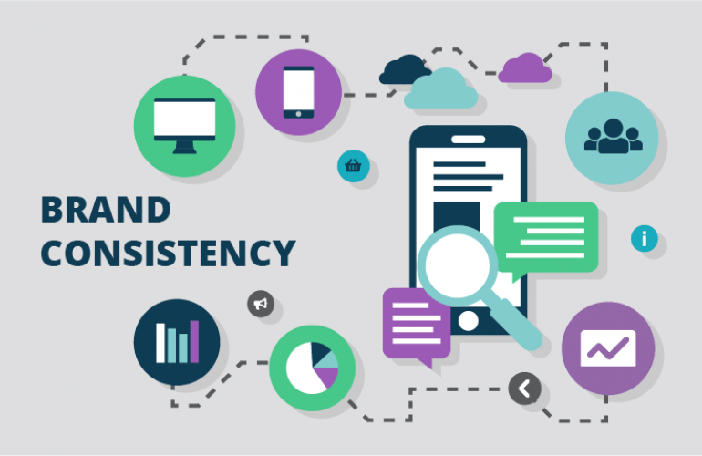 A diagram of illustrations including graphs, clouds, and a tablet representing Brand Consistency across channels
