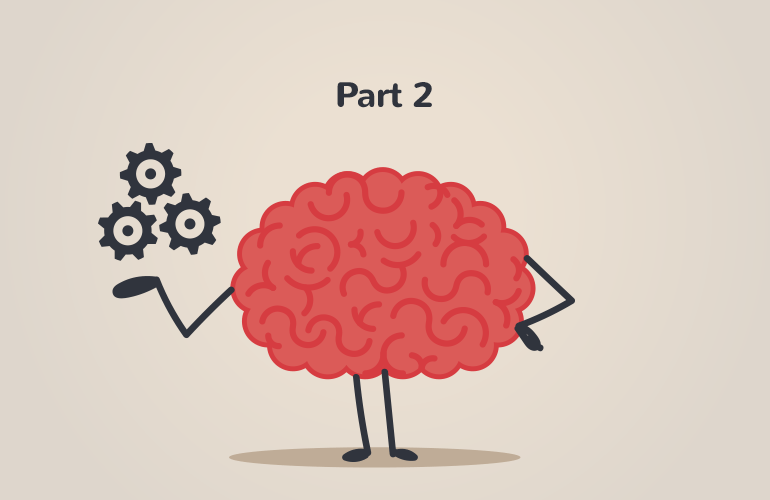 Illustration of a brain with outstretched hand with cogs over it and Part 2 above