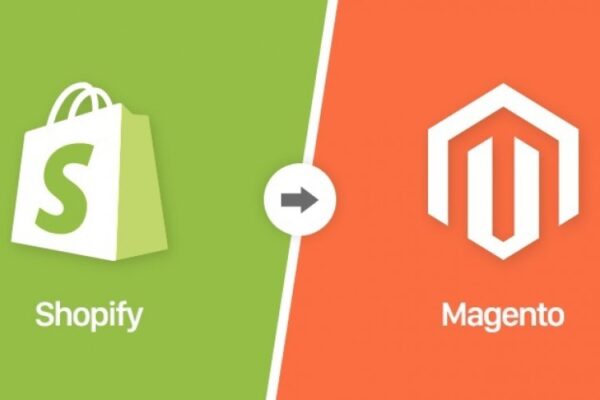 Shopify logo on green background with an arrow pointing to Magento logo on orange background.