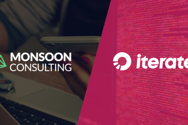 The Monsoon Consulting and Iterate logos on a background of a laptop and code