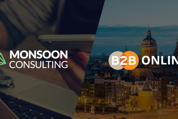 Monsoon Consulting and B2B Online logos on dark backgrounds of laptop and cityscape
