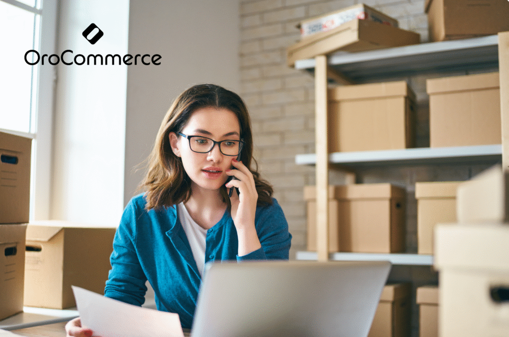 Woman in warehouse placing online order with OroCommerce platform