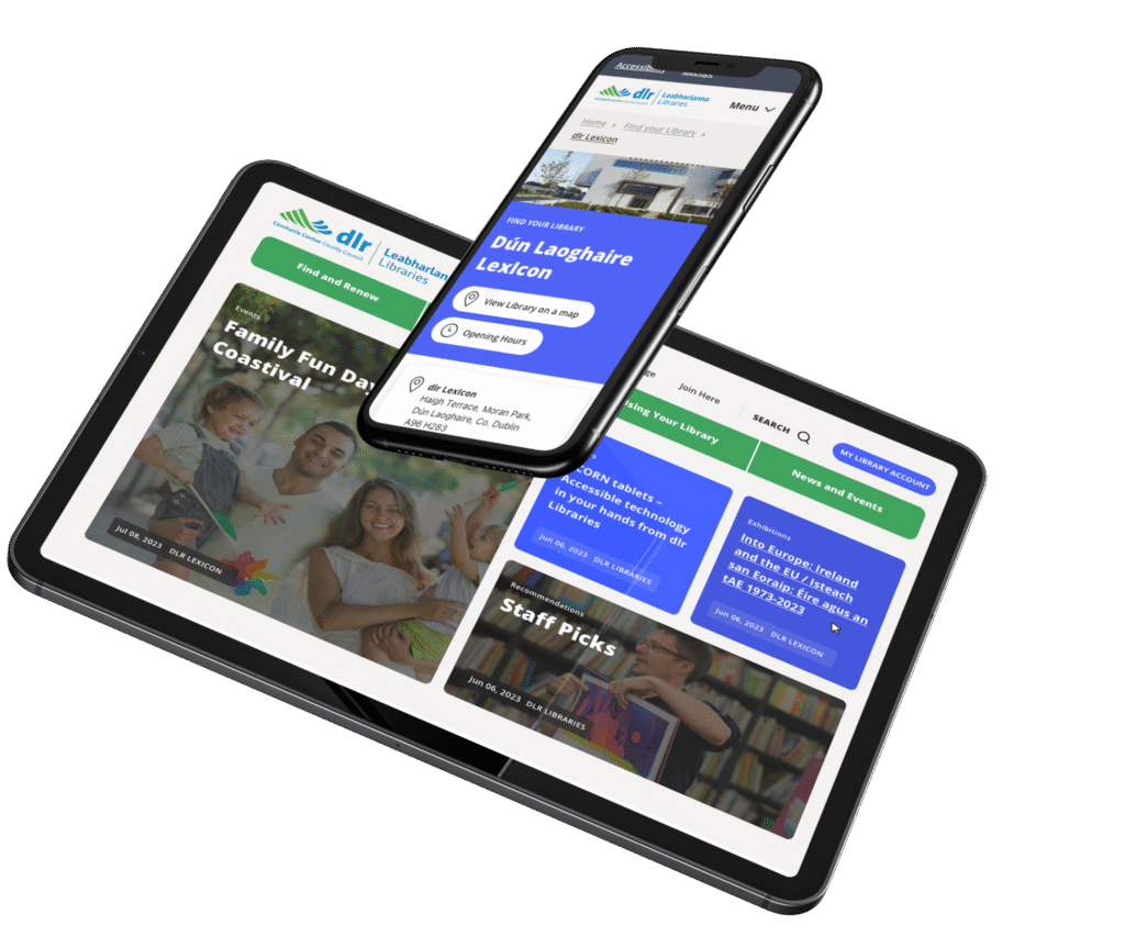 dlr Libraries homepage on mobile and tablet